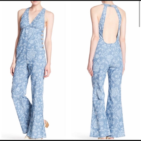 Free People Floral Jean Jumpsuit Overalls